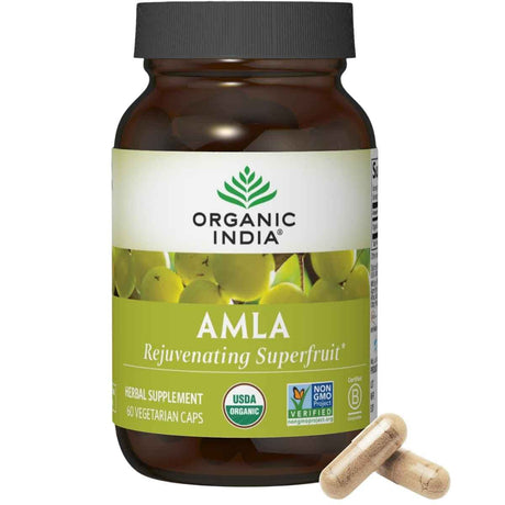 Frasco frontal de ORGANIC INDIA amla orgánica, presentación de 60 cápsulas