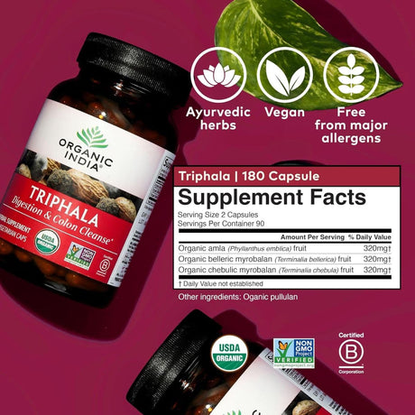 Tabla nutricional del suplemento Organic India Triphala 180 cápsulas