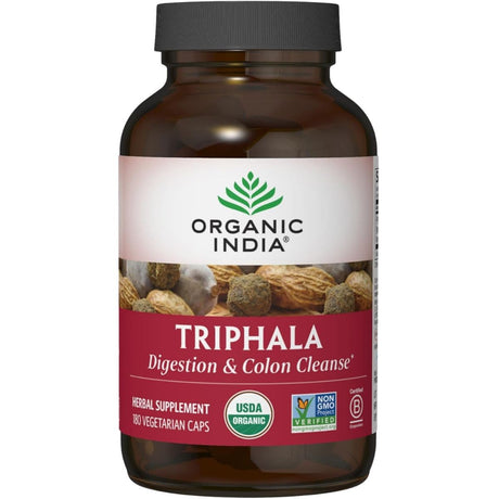 Frasco de suplemento Organic India Triphala 180 cápsulas