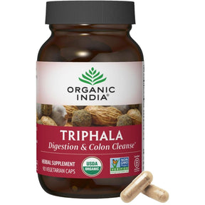Frasco de suplemento Organic India Triphala 90 cápsulas