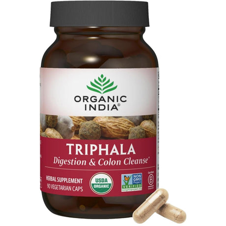 Frasco de suplemento Organic India Triphala 90 cápsulas