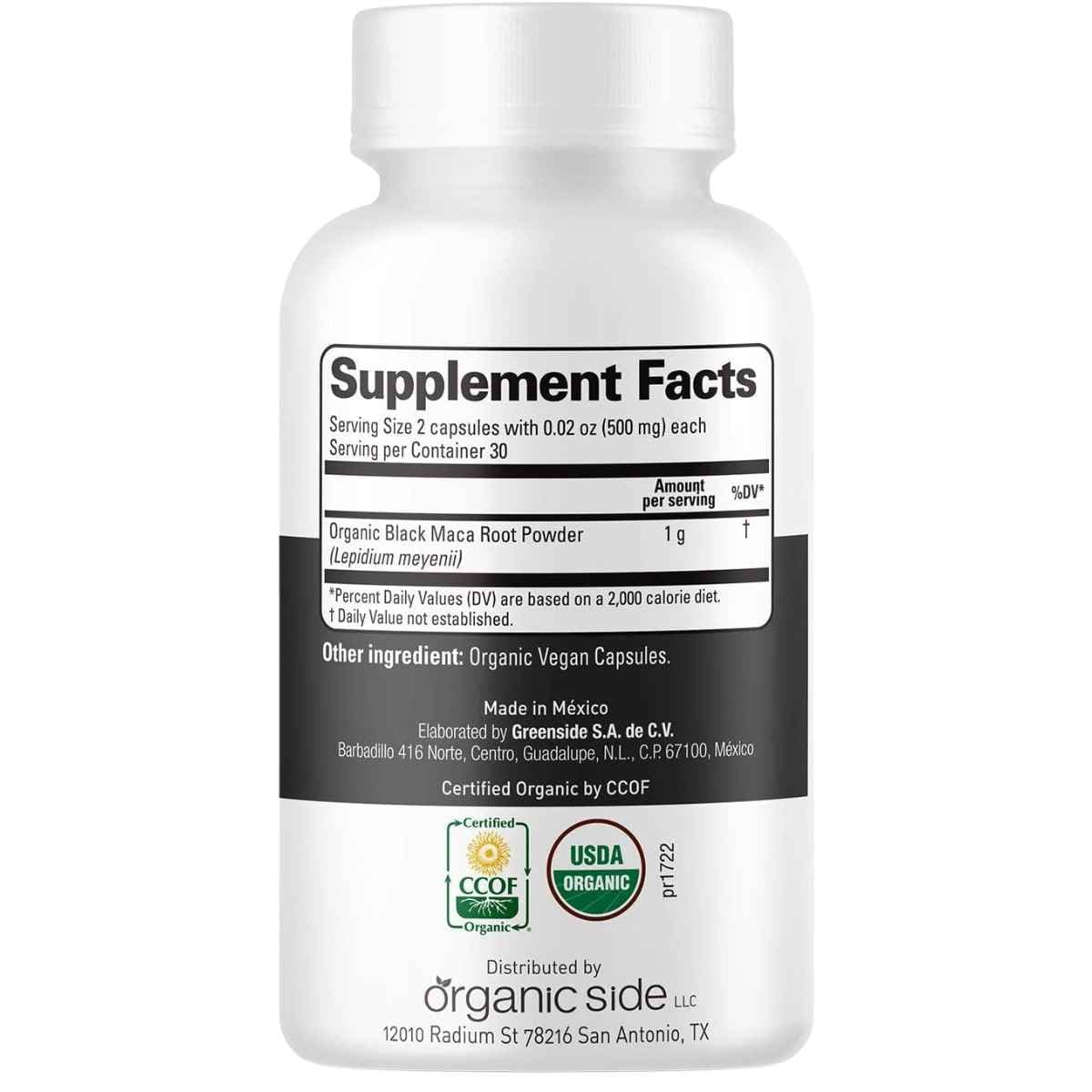 Tabla nutricional del suplemento Organic Side Maca Negra Orgánica 60 cápsulas