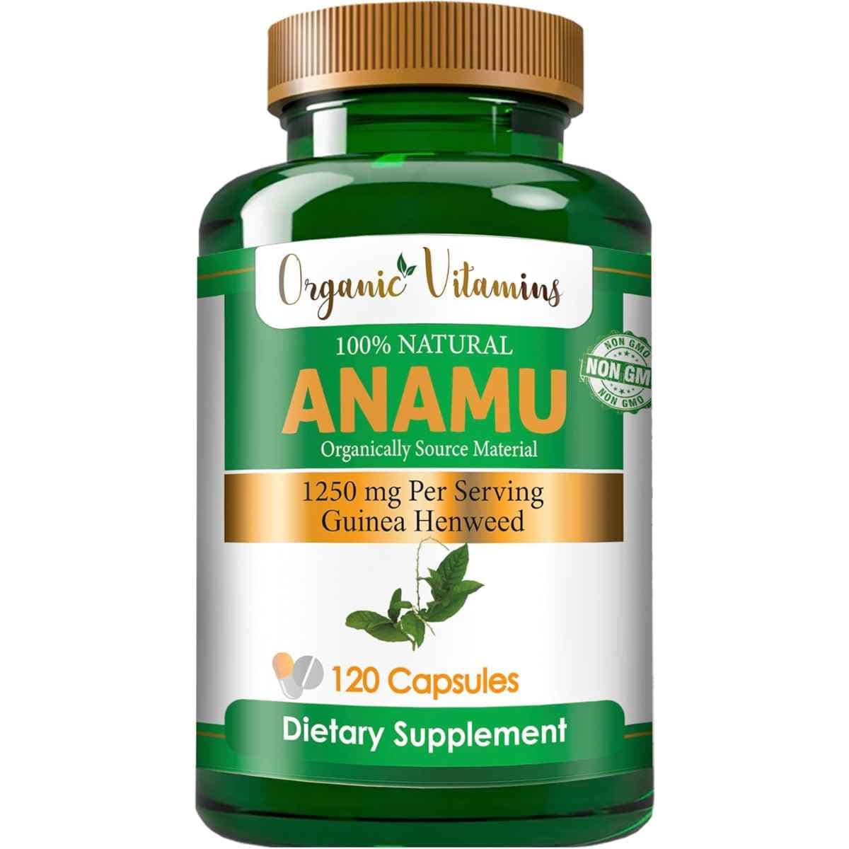 Frasco de suplemento Organic Vitamins Vitamisan Anamu 1250 mg 120 Cápsulas