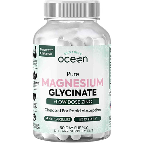 Frasco de suplemento Organics Ocean Glicinato de Magnesio + Zinc 90 cápsulas