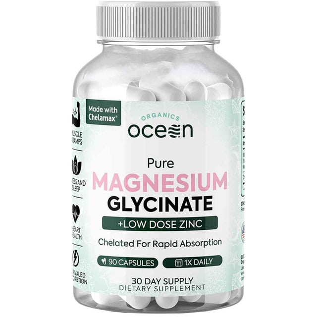 Frasco de suplemento Organics Ocean Glicinato de Magnesio + Zinc 90 cápsulas
