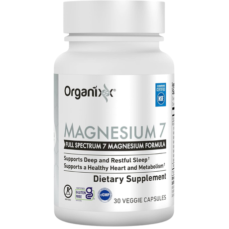 Frasco frontal de Organixx Magnesium 7 complejo de magnesio, 30 cápsulas