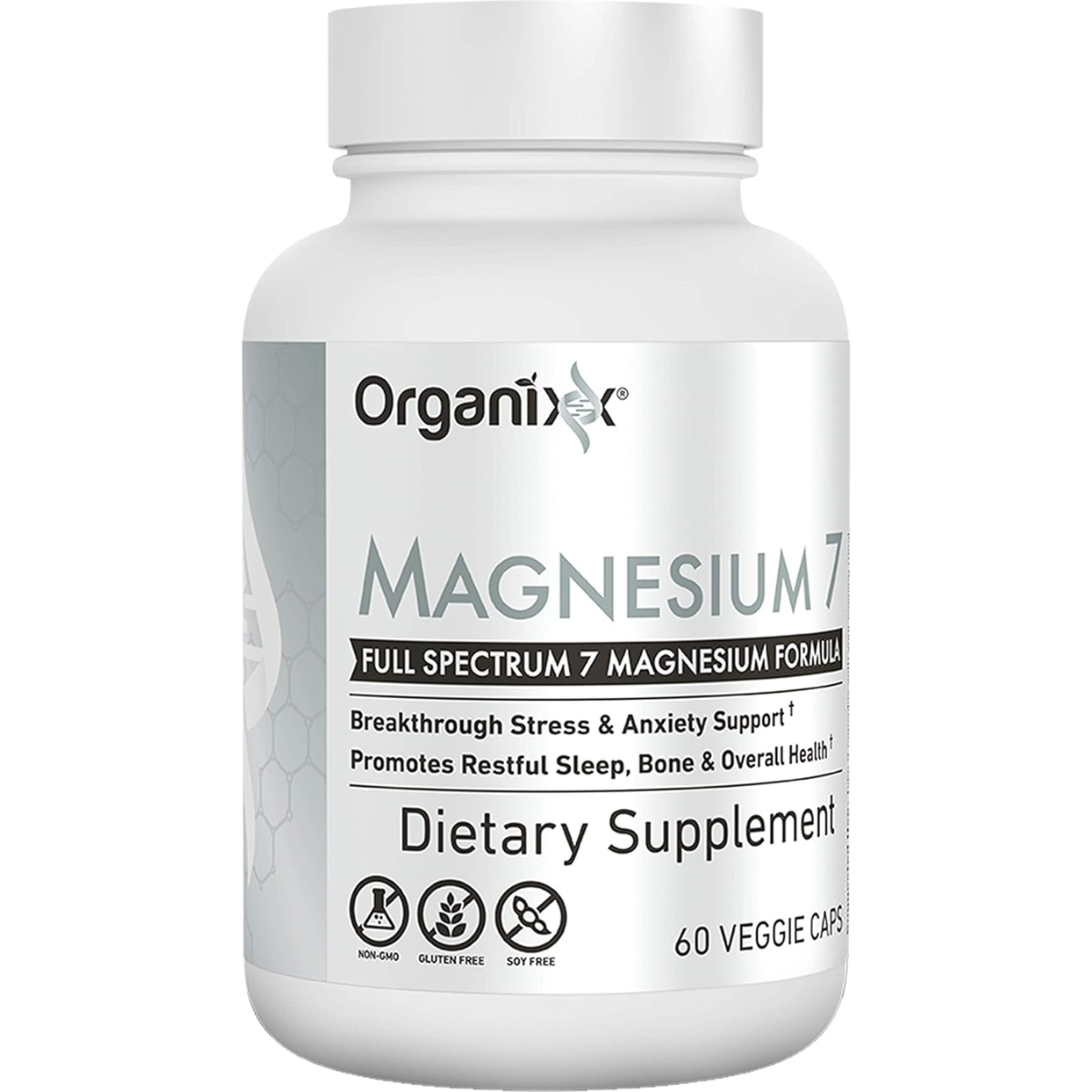 Frasco frontal de Organixx Magnesium 7 complejo de magnesio, 60 cápsulas