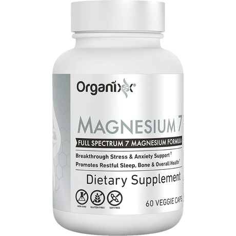 Frasco frontal de Organixx Magnesium 7 complejo de magnesio, 60 cápsulas