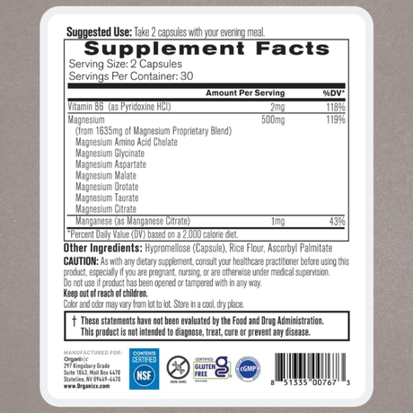 Información del suplemento de Organixx Magnesium 7 complejo de magnesio, 60 cápsulas