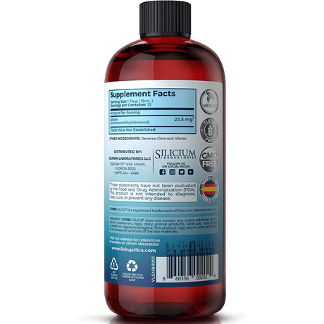 Tabla nutricional del suplemento Living Silica de la marca Orgono con información de silicio por porción
