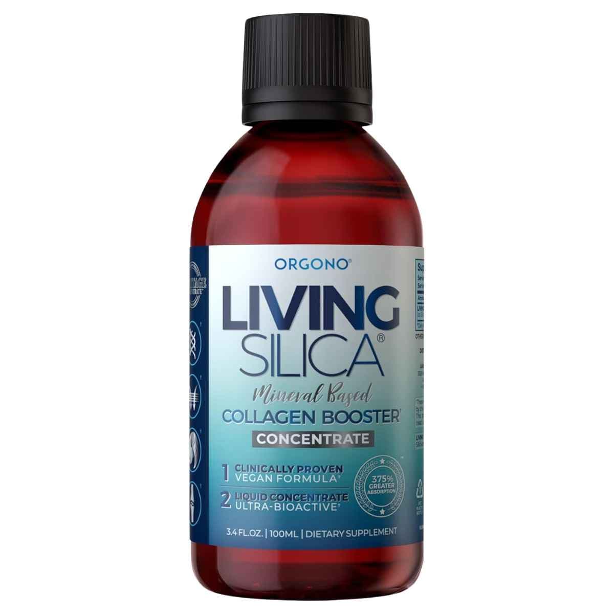 Frasco de silicio líquido Living Silica de la marca Orgono, presentación de 100 mililitros