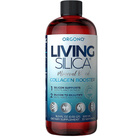 Frasco de silicio líquido Living Silica de la marca Orgono, presentación de 500 mililitros