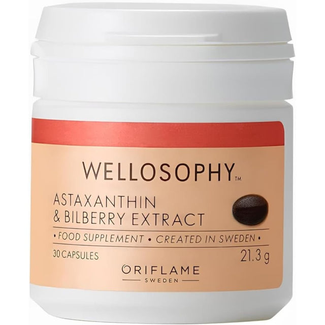 Frasco de suplemento Oriflame Astaxantina y Extracto de Arándano 30 cápsulas