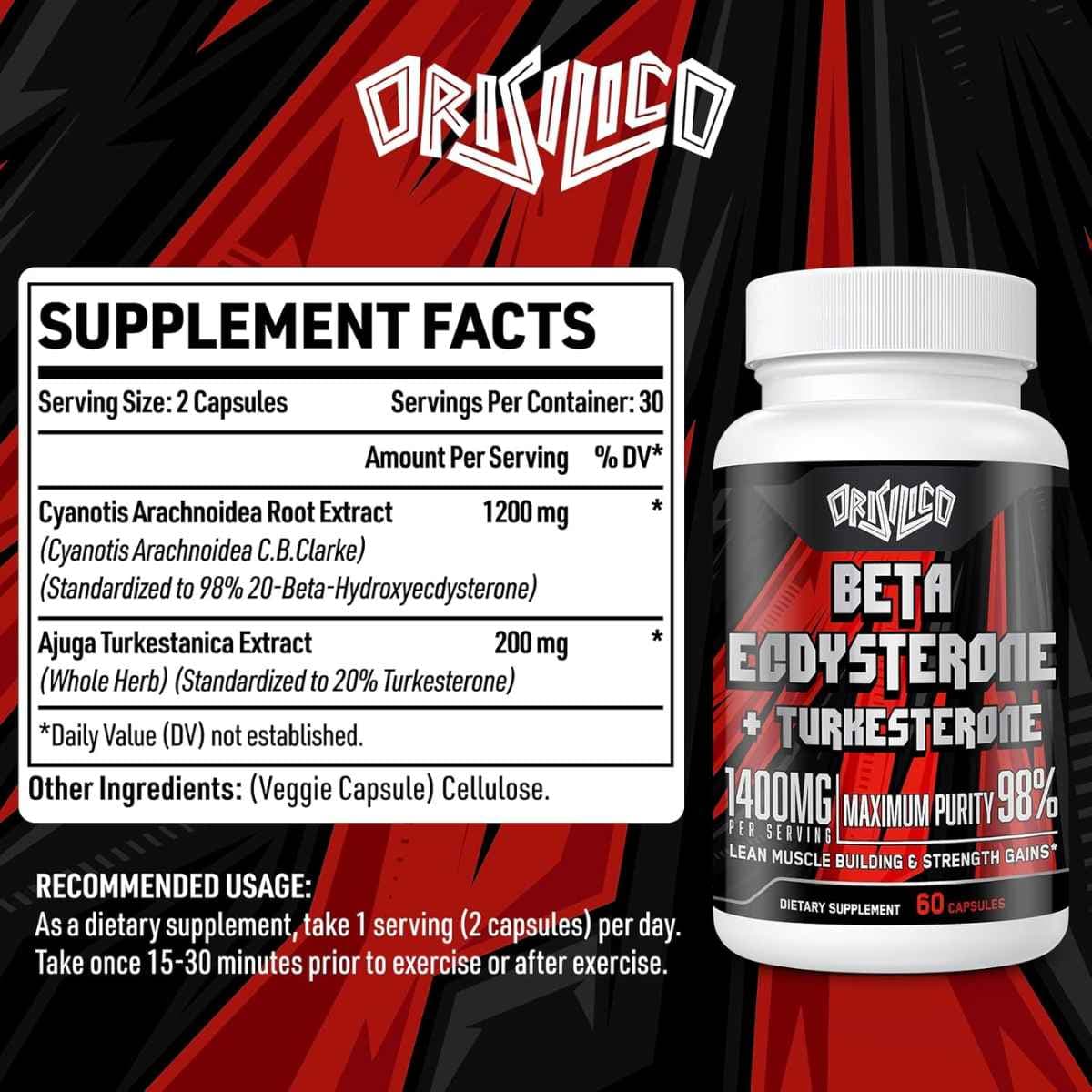 Tabla nutricional del suplemento Orisilico Beta Ecdysterone + Turkesterone 1400 mg 60 cápsulas