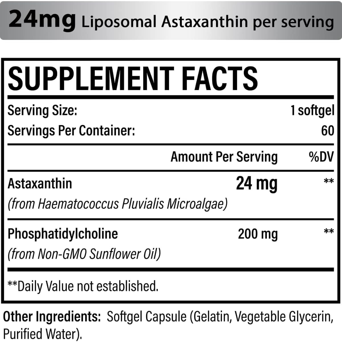 Tabla nutricional del suplemento Osasuna Astaxantina Liposomal 24 mg 60 cápsulas blandas