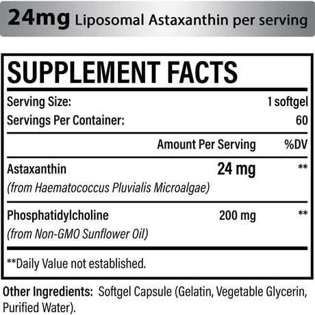 Tabla nutricional del suplemento Osasuna Astaxantina Liposomal 24 mg 60 cápsulas blandas
