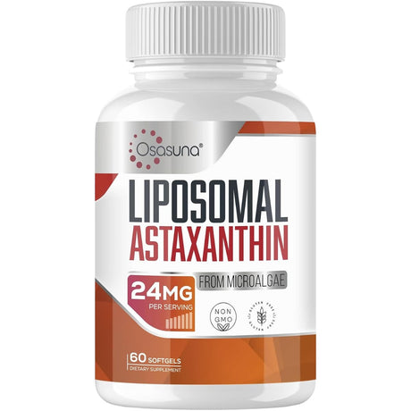 Frasco de suplemento Osasuna Astaxantina Liposomal 24 mg 60 cápsulas blandas