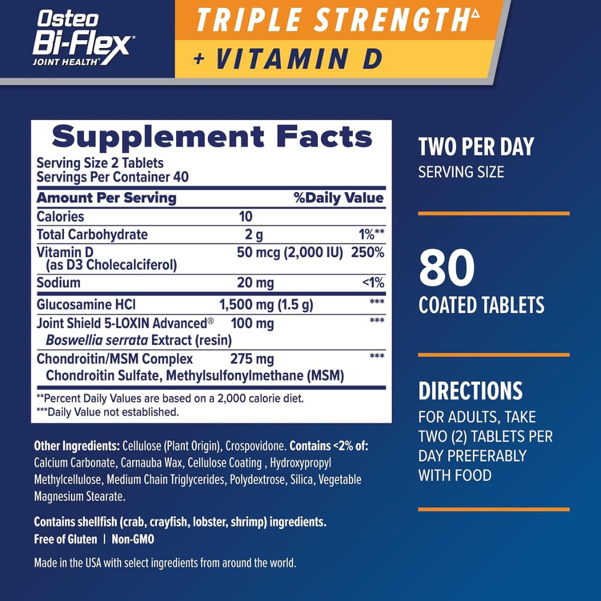 Tabla nutricional del suplemento Osteo Bi-Flex Glucosamina HCl y Vitamina D3 1500 mg 80 tabletas