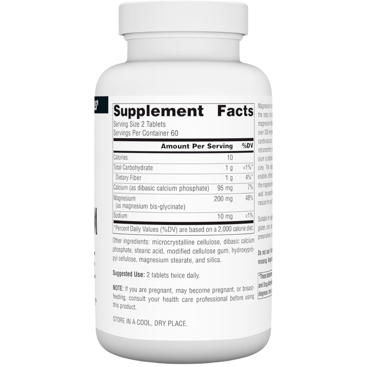 Tabla nutricional del suplemento Source Naturals Glicinato de Magnesio 200 mg 120 tabletas