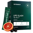 Caja y sobre de OxyEnergy Lipo Slash 16-in-1 sabor naranja con 30 sobres