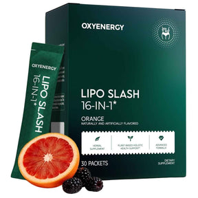 Caja y sobre de OxyEnergy Lipo Slash 16-in-1 sabor naranja con 30 sobres