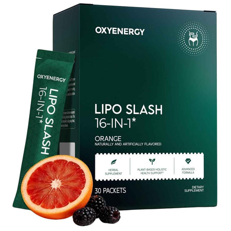 Caja y sobre de OxyEnergy Lipo Slash 16-in-1 sabor naranja con 30 sobres