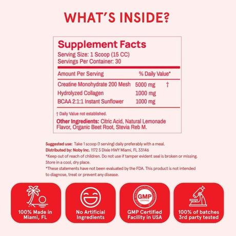 Tabla nutricional del suplemento Peach Perfect Creatina con Colágeno y BCAA Sabor Limonada Rosa 272 g