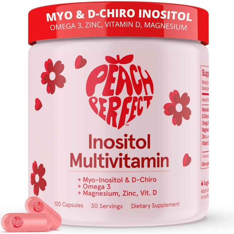 Frasco de suplemento Peach Perfect Multivitamínico con Inositol para Mujeres 120 Cápsulas