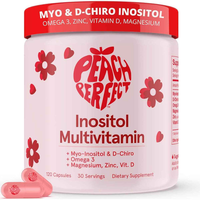 Frasco de suplemento Peach Perfect Multivitamínico con Inositol para Mujeres 120 Cápsulas