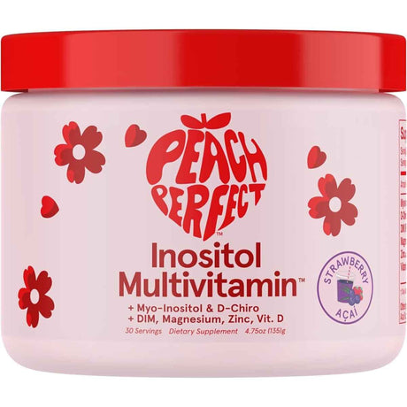 Envase de suplemento en polvo Peach Perfect Multivitamínico con Inositol para Mujeres Sabor Fresa Acaí 135 g