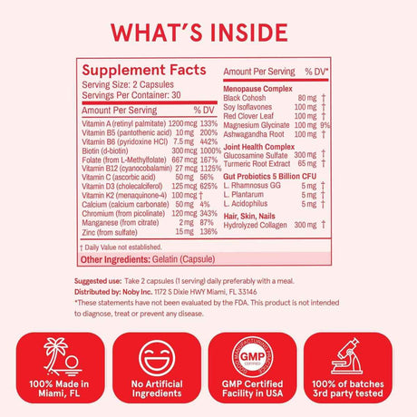 Tabla nutricional del suplemento Peach Perfect Multivitamínico para Menopausia 60 Cápsulas