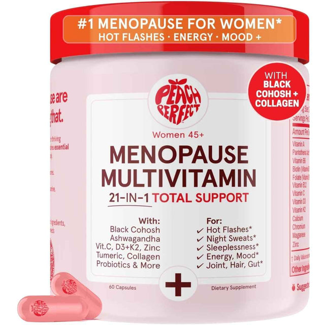 Frasco de suplemento Peach Perfect Multivitamínico para Menopausia 60 Cápsulas