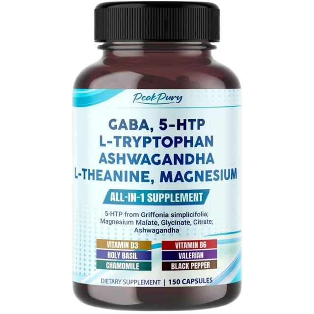 Frasco de suplemento PeakPury Complejo de GABA, 5-HTP y Ashwagandha 150 cápsulas