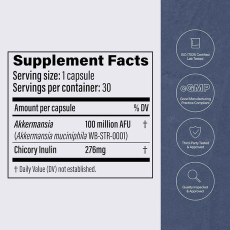 Tabla nutricional del suplemento Pendulum Akkermansia muciniphila 30 cápsulas