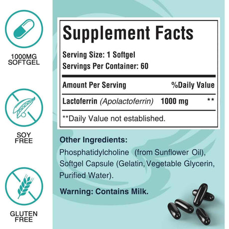 Tabla nutricional del suplemento Pepeior Lactoferrina Liposomal 1000 mg 60 Cápsulas Blandas