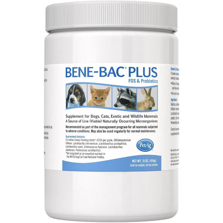 Frasco de suplemento PetAg Bene-Bac Plus Probióticos 20 millones CFU 454 g polvo
