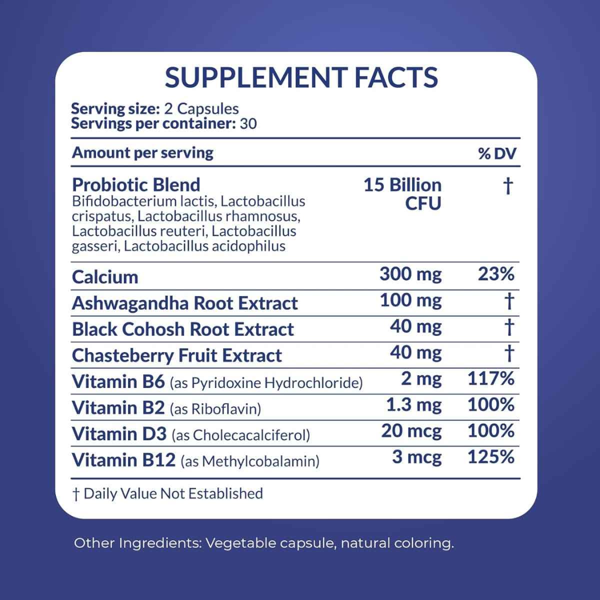 Tabla nutricional del suplemento Pharma Supps Fórmula de Bienestar Femenino con Probióticos 60 cápsulas