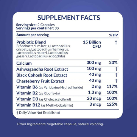 Tabla nutricional del suplemento Pharma Supps Fórmula de Bienestar Femenino con Probióticos 60 cápsulas