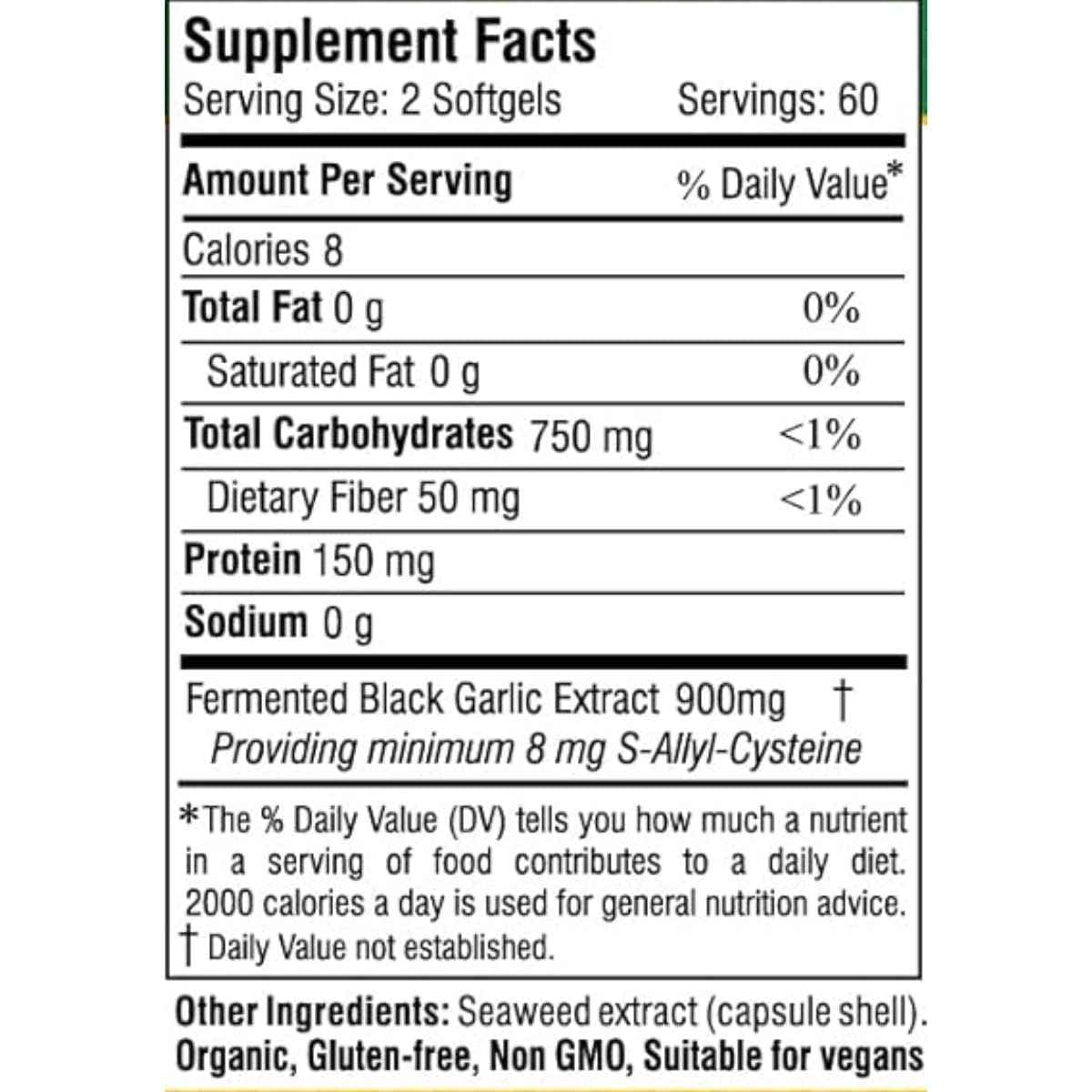 Tabla nutricional del suplemento Pharmakon Ajo Negro Fermentado 120 Cápsulas Blandas.