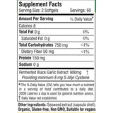 Tabla nutricional del suplemento Pharmakon Ajo Negro Fermentado 120 Cápsulas Blandas.