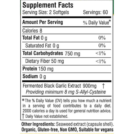 Tabla nutricional del suplemento Pharmakon Ajo Negro Fermentado 120 Cápsulas Blandas.