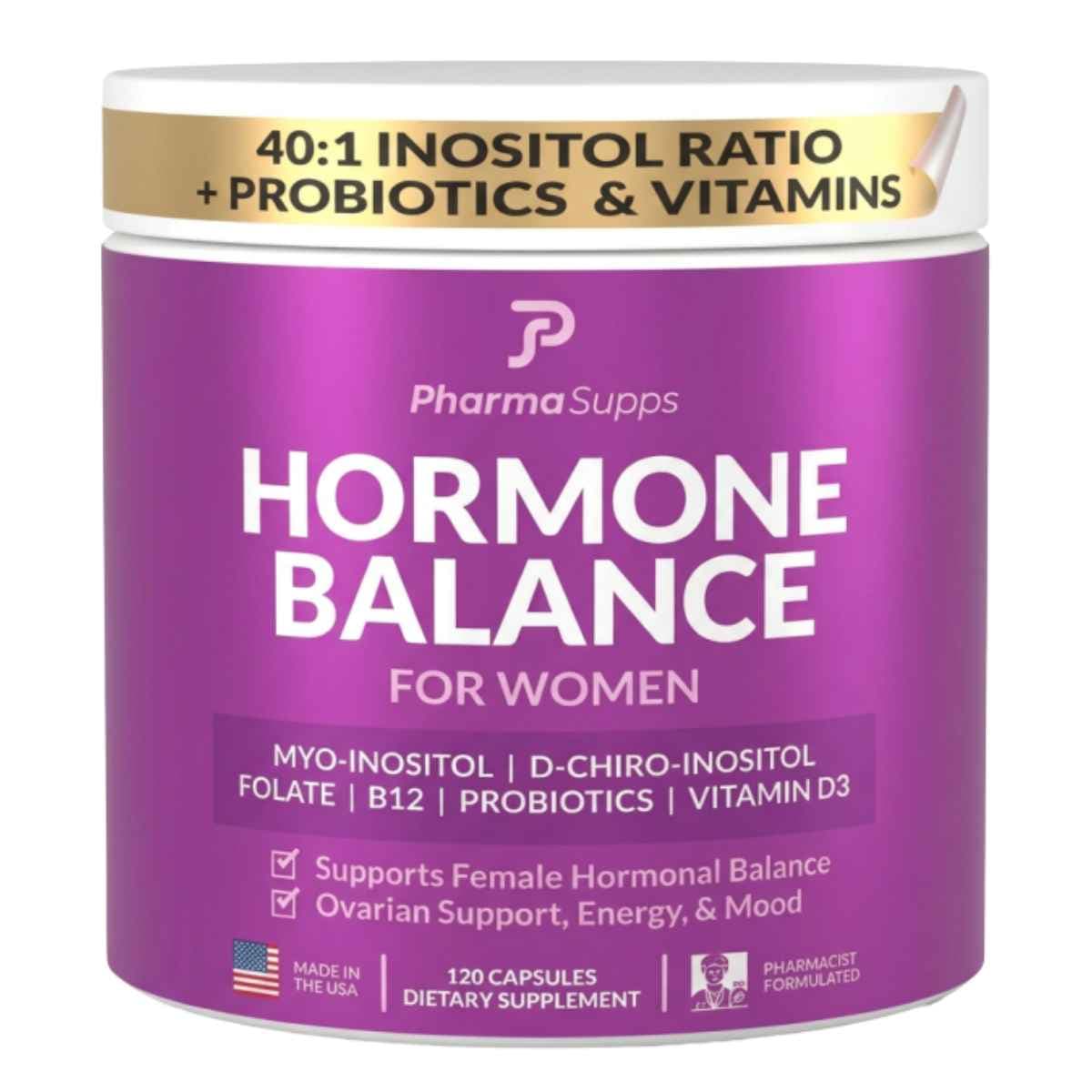 Frasco frontal de PharmaSupps Inositol 40:1 con probióticos y vitaminas, presentación de 120 cápsulas.