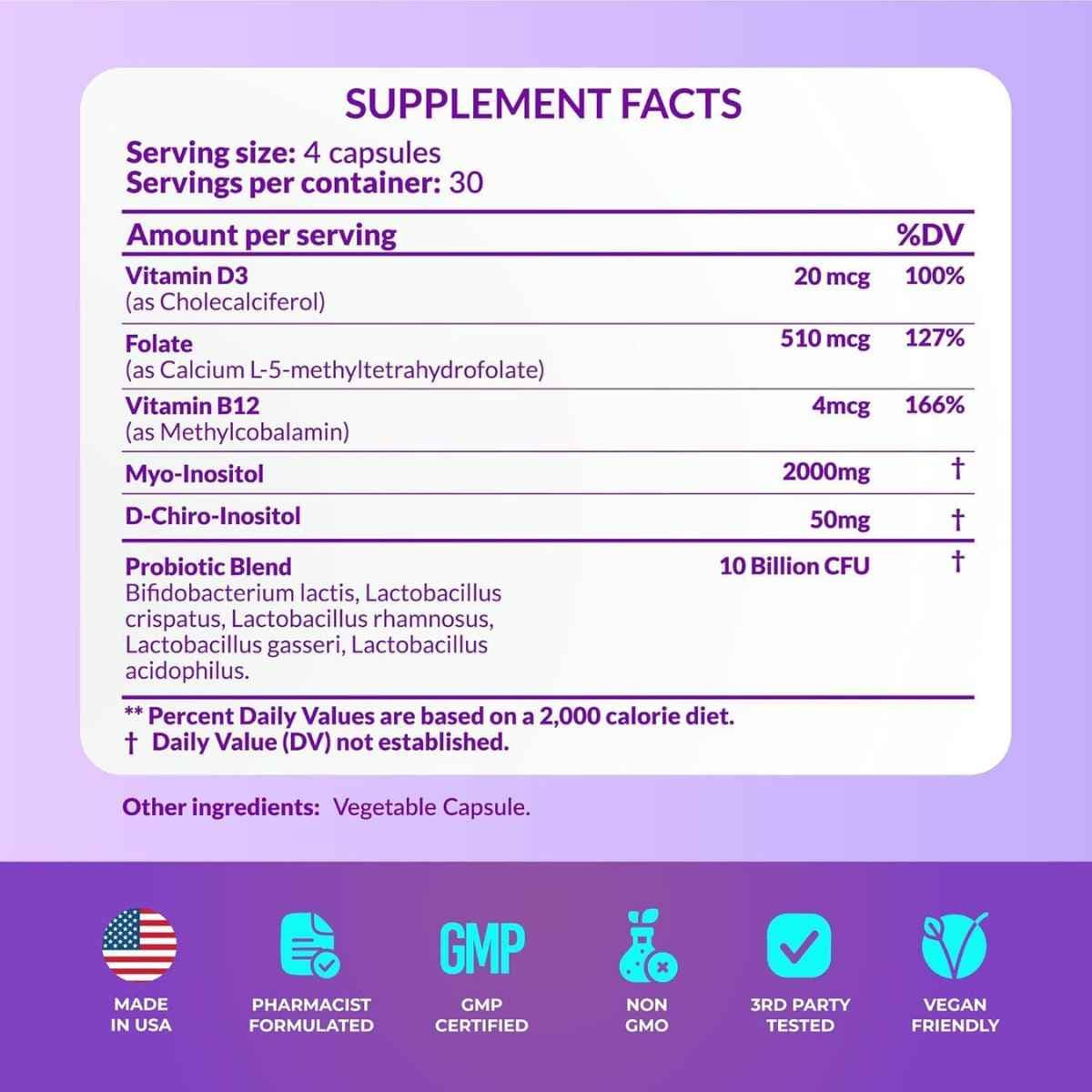 Panel de información del suplemento de PharmaSupps Inositol 40:1 con datos de porción, ingredientes y porciones por envase.