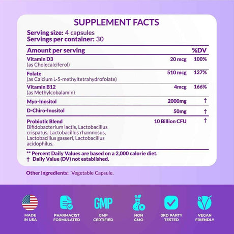 Panel de información del suplemento de PharmaSupps Inositol 40:1 con datos de porción, ingredientes y porciones por envase.