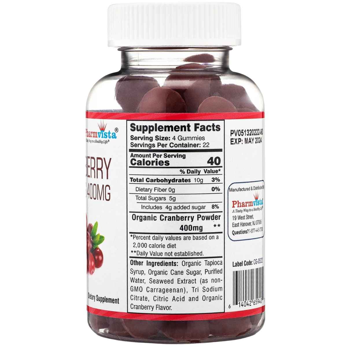 Tabla nutricional del suplemento Pharmvista Arándano Orgánico 400 mg 90 Gomitas