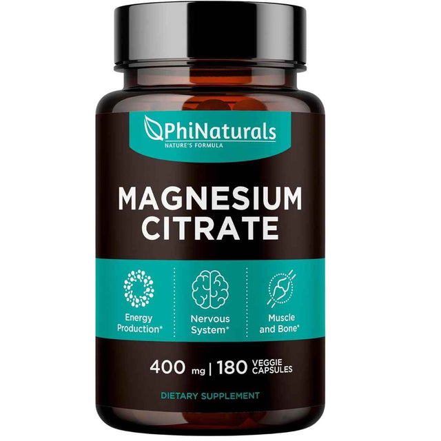 Frasco frontal de PhiNaturals Citrato de Magnesio 400 mg, presentación de 180 cápsulas vegetales
