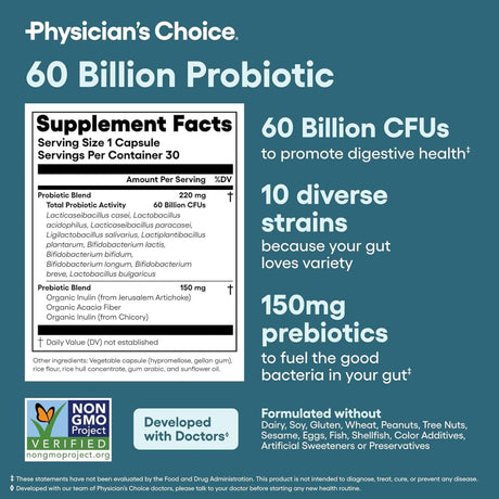 Tabla nutricional del suplemento Physician's Choice Probiótico 60 Billion 30 cápsulas