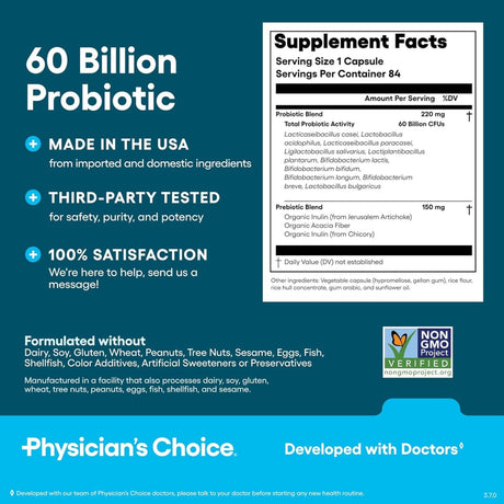 Tabla nutricional del suplemento Physician's Choice Probiótico 60 Billion 84 cápsulas