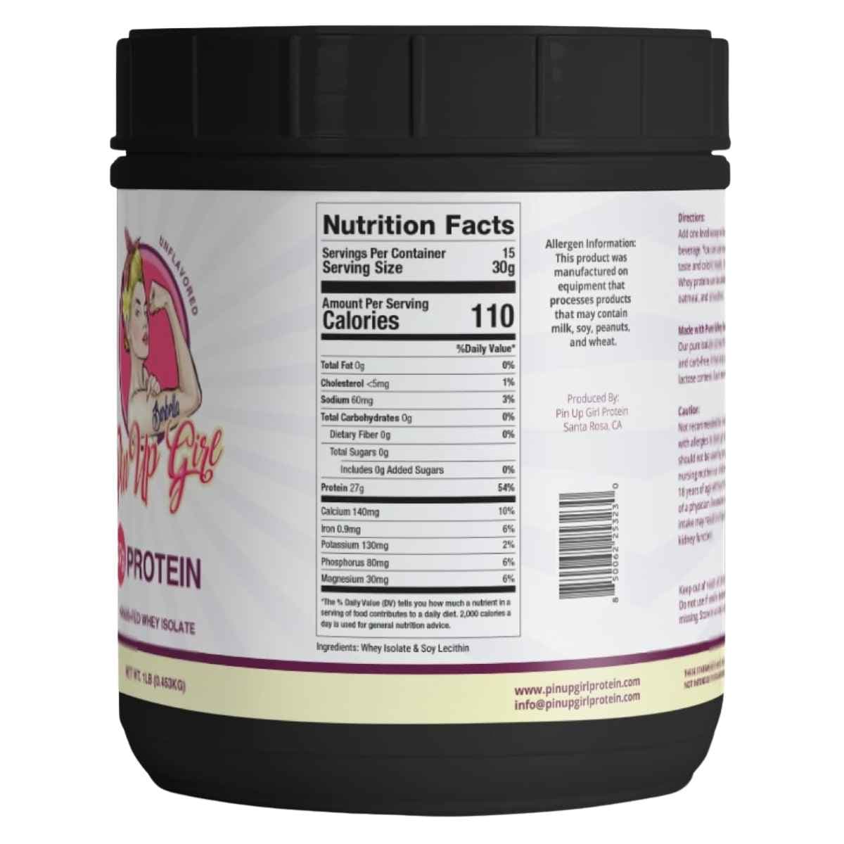 Tabla nutricional del suplemento Pin Up Girl Aislado de Proteína de Suero 1 lb