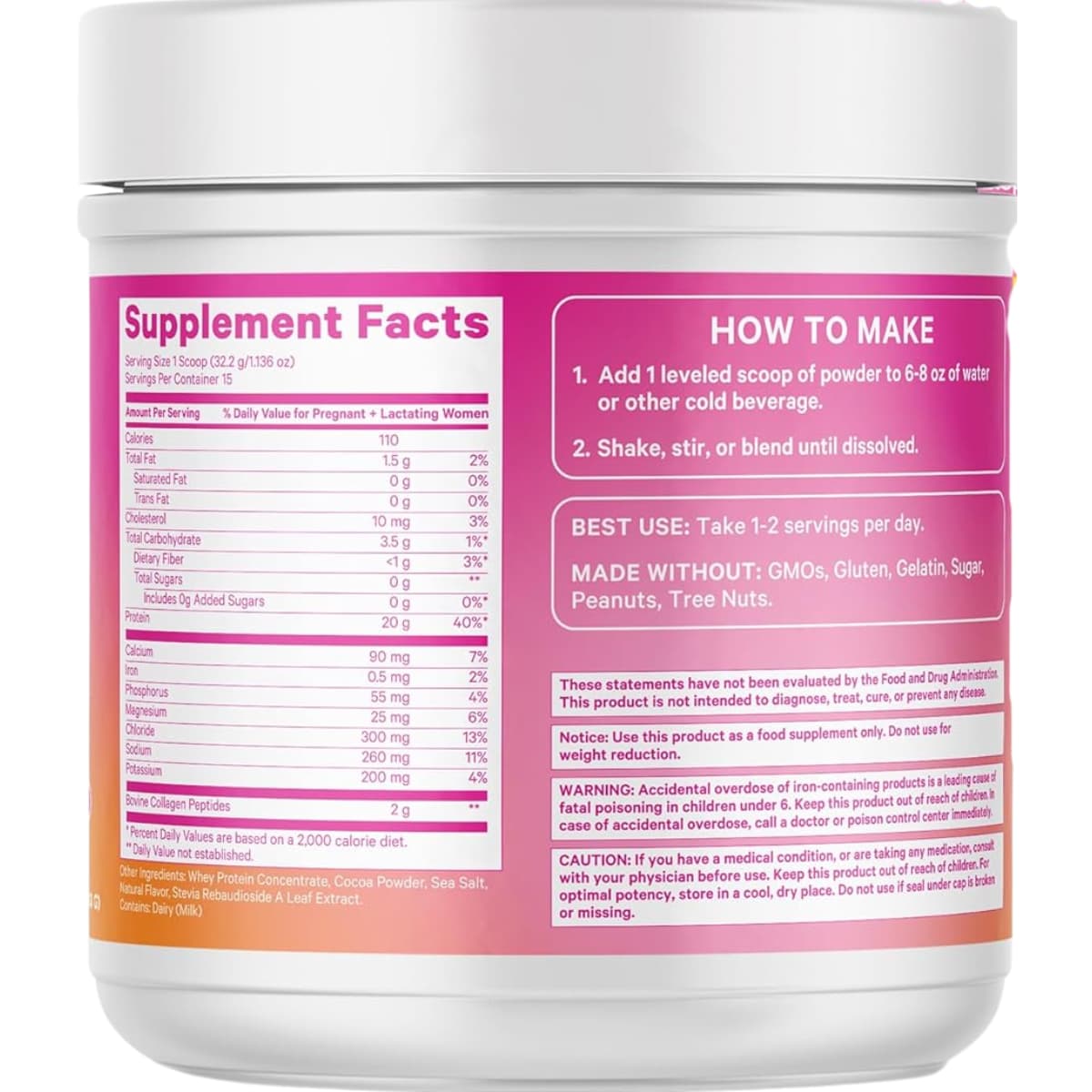 Tabla nutricional del suplemento Pink Stork Proteína para Embarazo y Postparto sabor Trufa de Chocolate 483 g